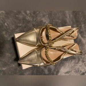 Metallic Gold Pointed-Toe Slingback Flats with Chain Detail